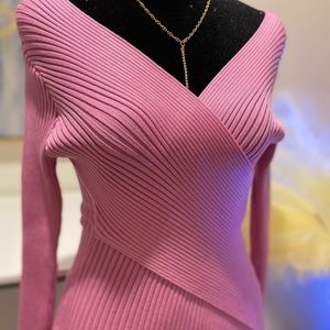 Women Dress Elegant Cross V-neck Slim Waist Knitted Bodycon One Size